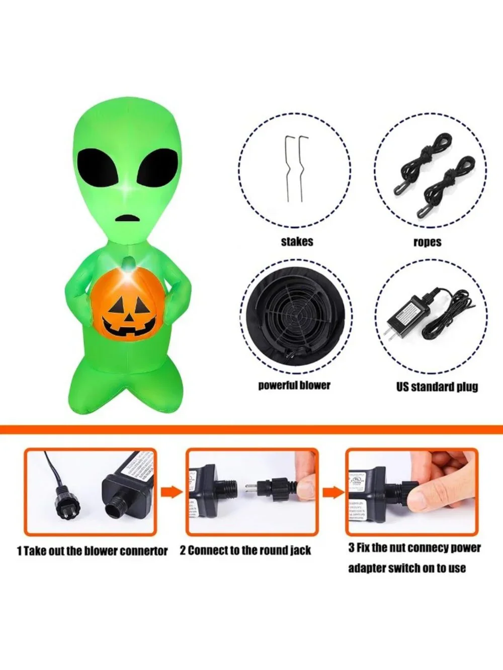 4FT Halloween Inflatable Alien & Pumpkin - LED Lighted Blow Up Yard Decor